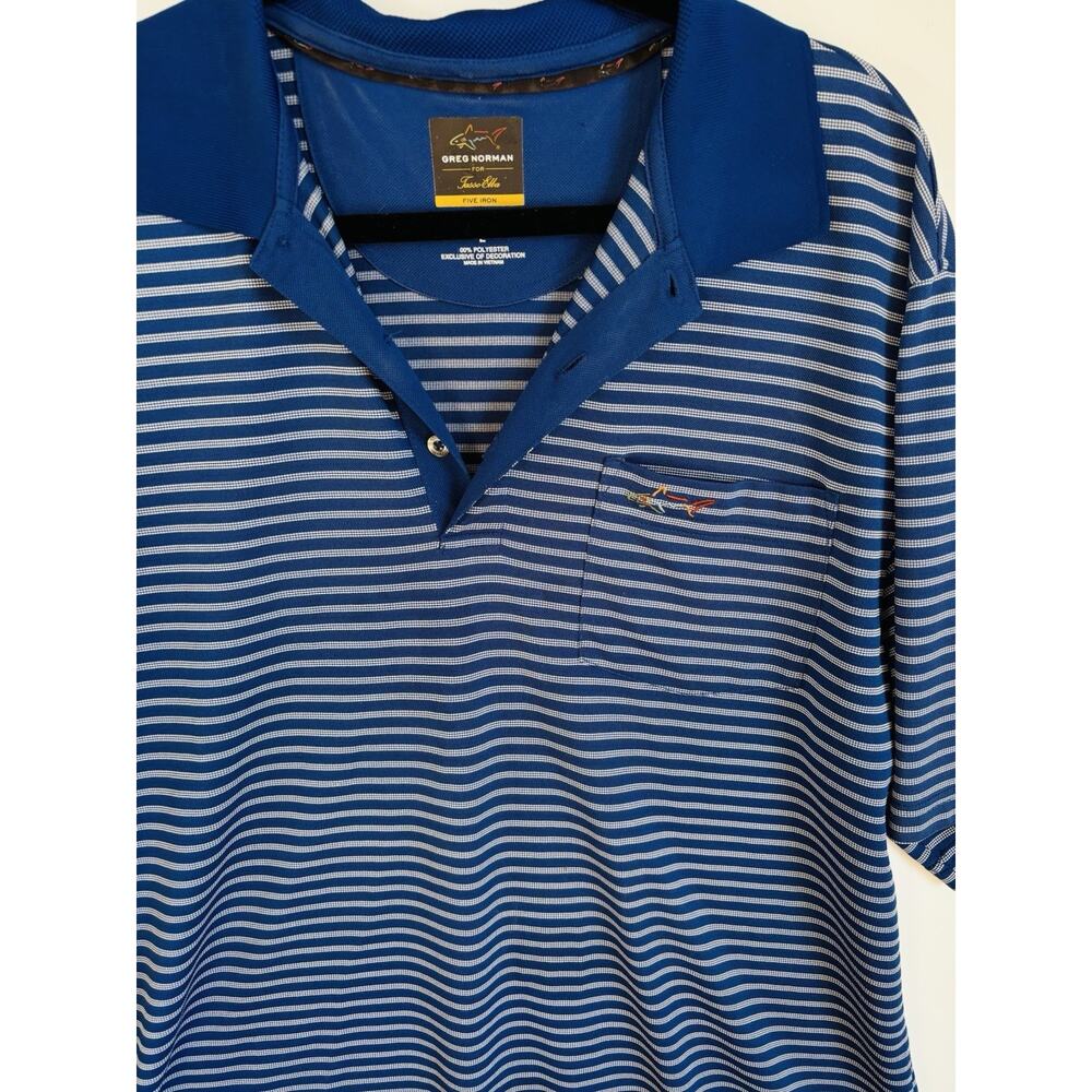 Men's Greg Norman Golf Polo Shirt Large Blue Striped Collared - Picture 2 of 4